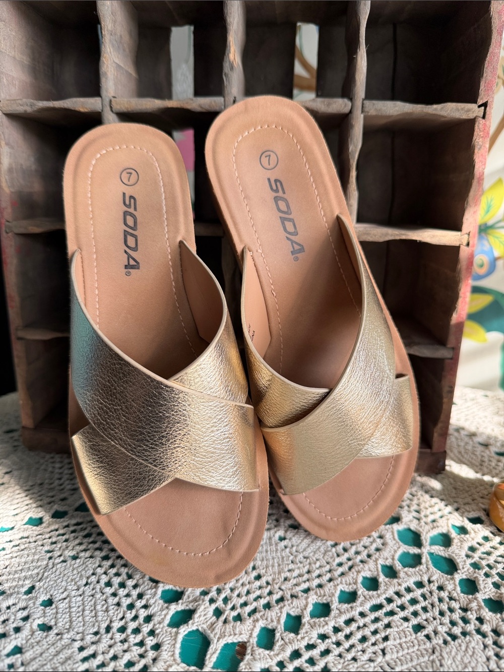 Soda Metallic Gold Crossover Slide Sandals